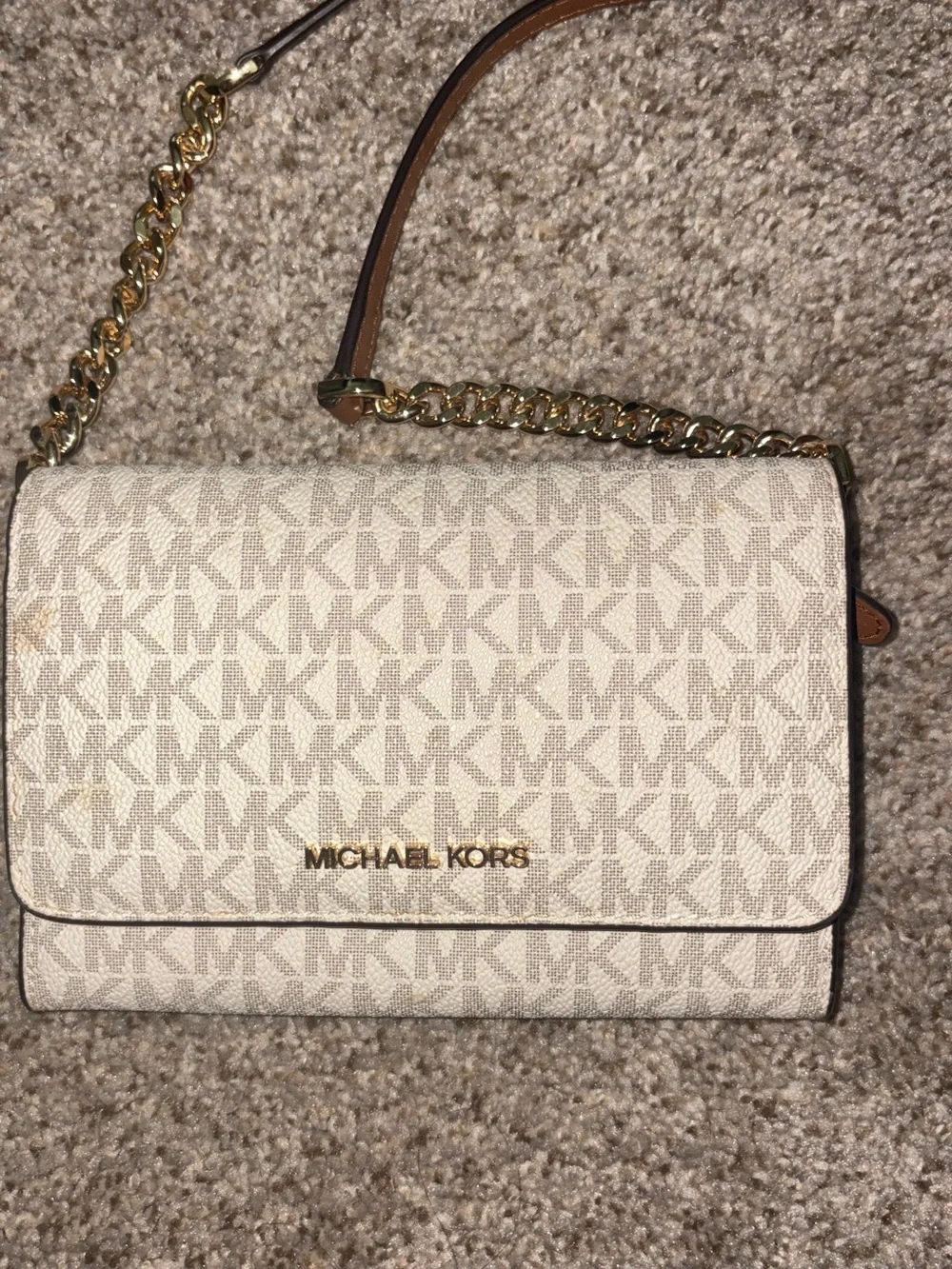 Michael Kors Cream and Brown MK Signature Crossbody Bag